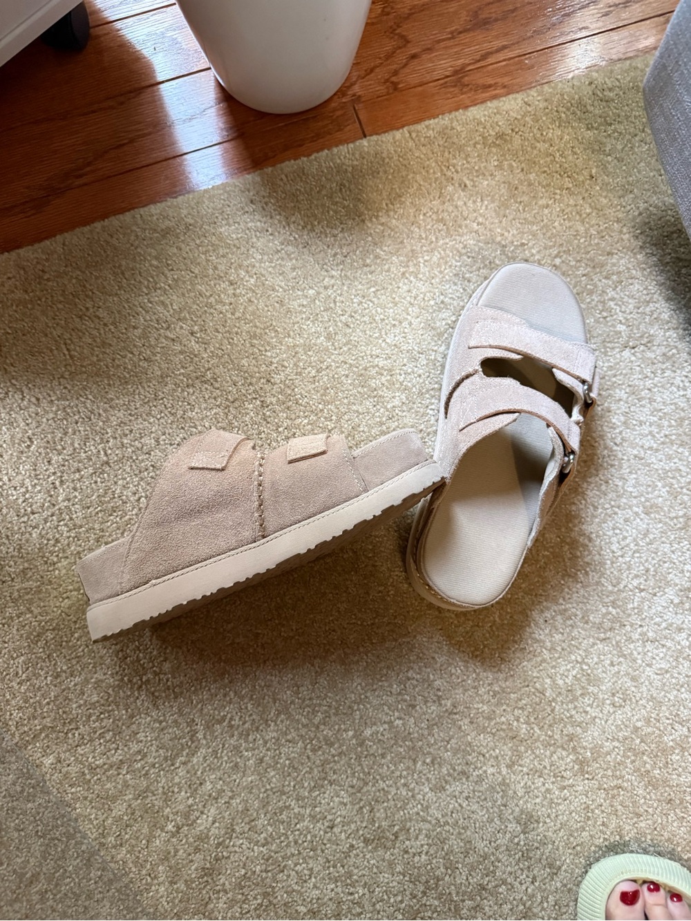 Women's Taupe Suede Slide Sandals with Buckle Straps